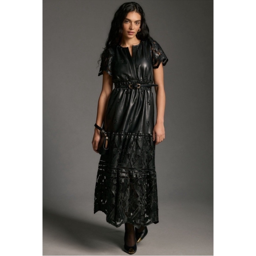 Anthropologie Somerset Black Faux Leather Embroidered Maxi Dress S Evening Party